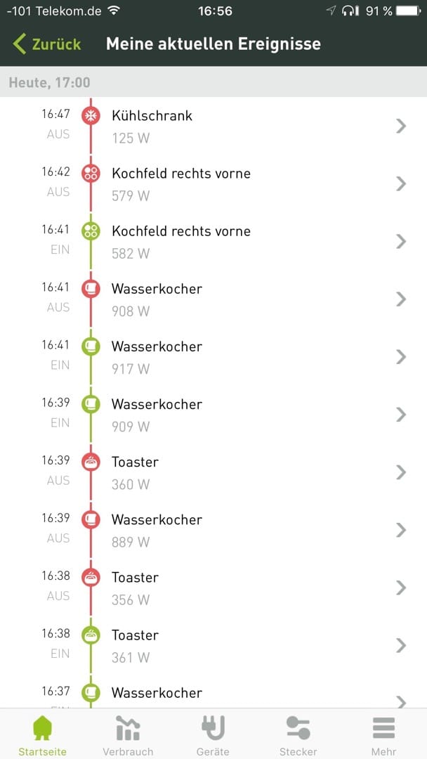 Smappee Monitor: Ereignisliste.