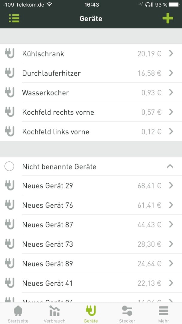 Smappee Monitor: Die Geräteliste zeigt unbekannte und bekannte Elektro-Hausgeräte.